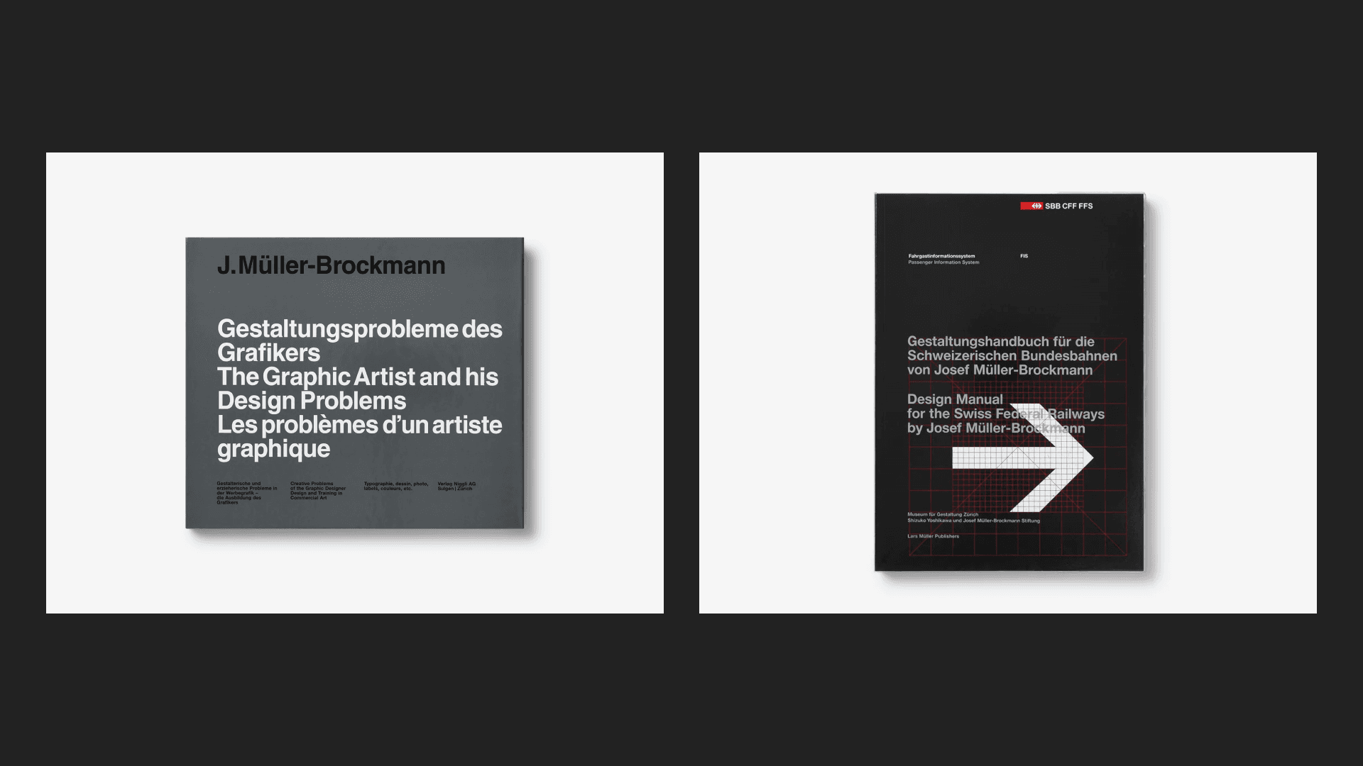 Book covers for The Graphic Artist and His Design Problems and Design Manual for the Swiss Federal Railways by Josef Müller-Brockmann.