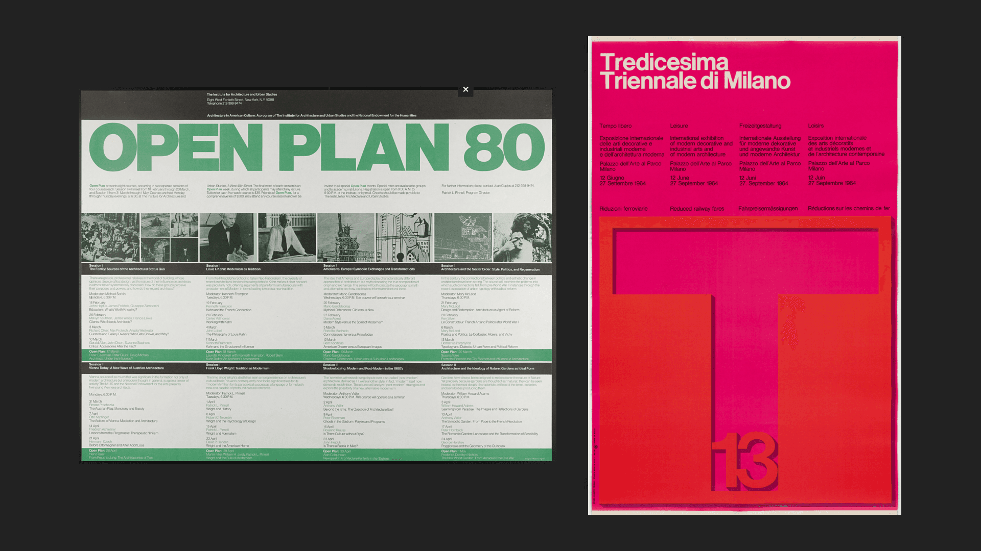 Info sheet for the Institute of Architecture and Urban Studies (1980) by Massimo Vignelli and Lella Vignelli, and exhibition poster (1964) by Massimo Vignelli, courtesy MOMA.